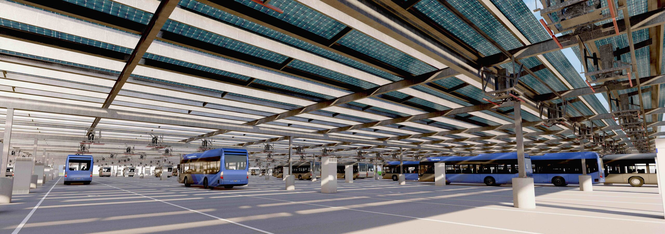 overhead solar panels in transit bus lot
